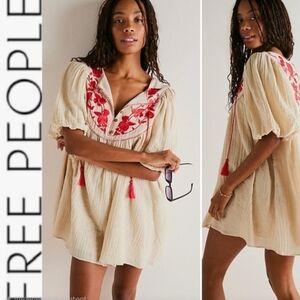 Free People Cream Dress with Red Embroidery